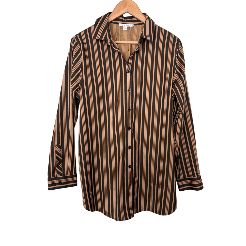 Chico's Gorpcore Striped Button Down Shirt Long Sleeve Cotton Blend Size 2 L